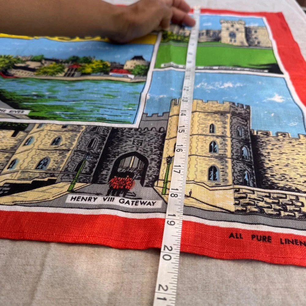 Vintage Windsor Castle Tea Towel Linen Red Made Ireland Souvenir Royalcore 30x20